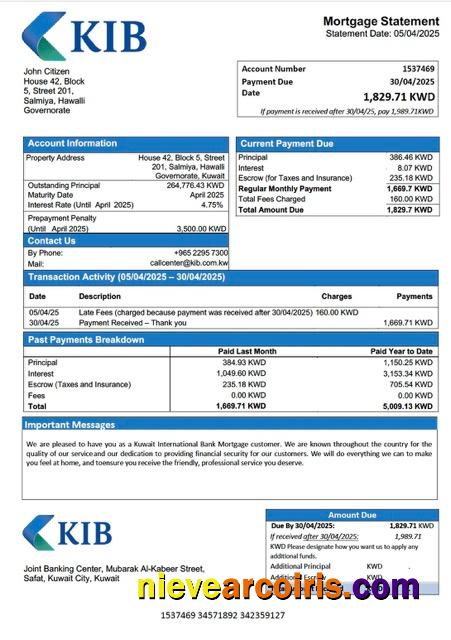 Kuwait International Bank mortgage statement Word and PDF template